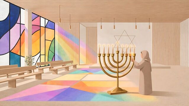 Faceless Figure Lighting Large Menorah Vector Background Contemporary Synagogue Stained Glass Windows Colored Light Hanukkah Judaism