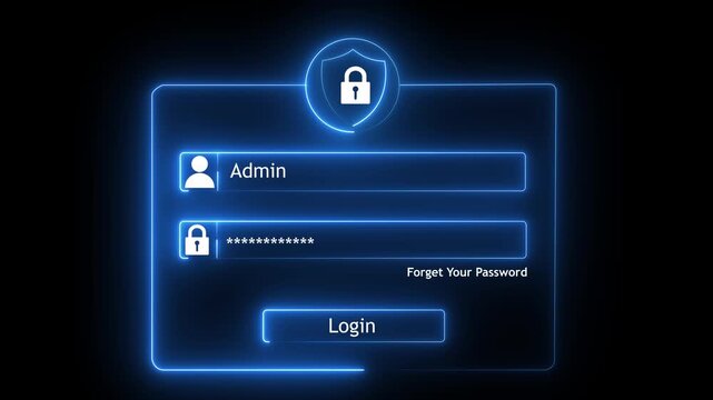 Digital cyber security login interface featuring glowing neon shield and admin authentication fields for secure user access, data protection,and modern web application development concept animation.4k
