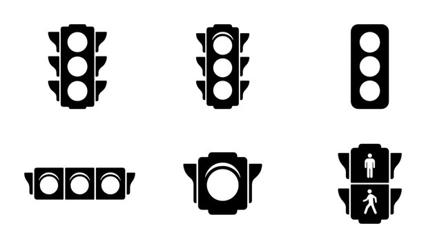 Traffic light silhouettes set with signals and pedestrian crossing icons for signage and web