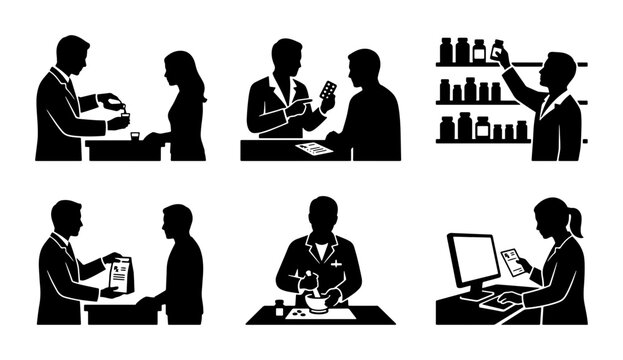 Pharmacist silhouettes set with dispensing medicine, checking prescription and using computer for healthcare and pharmacy services