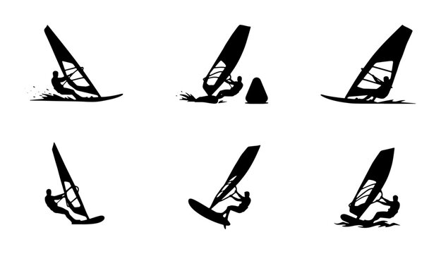 Windsurfer silhouettes set with figures on water, extreme sport and ocean activity