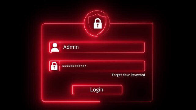 Digital cyber security login interface featuring glowing neon shield and admin authentication fields for secure user access, data protection,and modern web application development concept animation.4k
