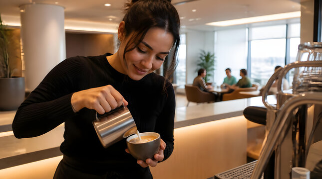 Woman pouring steamed milk into coffee cup at office barista station smiling amidst colleagues seated casually