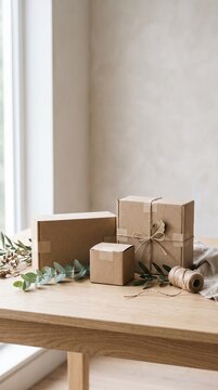 Cardboard boxes of various sizes arranged on a wooden table with eucalyptus sprigs and string.