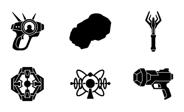 Sci-fi weapon silhouettes set with laser gun, futuristic device and alien artifact for technology logos