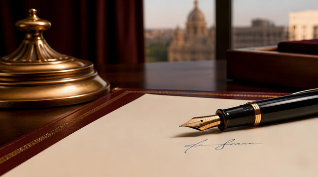 Fountain pen poised over signature sheet on ornate desk architectural background soft daylight formal office historical architecture greenery blu