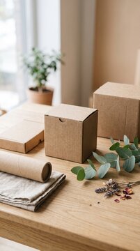 Cardboard boxes and eco-friendly packaging materials arranged neatly on a wooden table alongside fresh green eucalyptus leaves and natural twine.