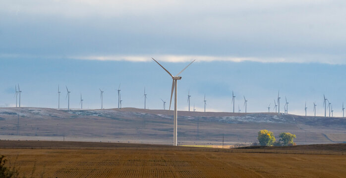 Wind turbines on a wind Farm in a rural prairie landscape, Pincher Creek, Alberta, Canada