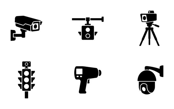 Surveillance camera silhouettes set with traffic camera, speed gun and CCTV for security and monitoring