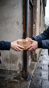 Hands exchanging a plain parcel at a doorway, Black Friday courier handoff