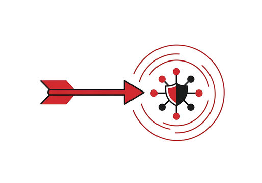 Flat icon of cyber attack alert with arrow targeting shield isolated on transparent background