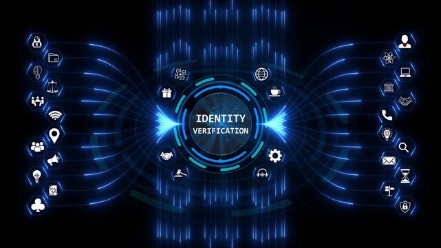 Identity verification process on a digital interface showing secure user authentication with connected technology icons and glowing blue lines.