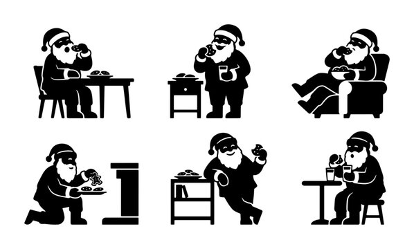 Santa Claus silhouettes set with eating cookies and drinking milk, festive Christmas characters