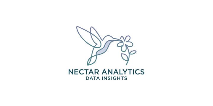 Minimalist Line Art Hummingbird Flower Logo Vector Template for Nectar Analytics, Data Insights, Technology, Software, Research, and Consulting Brand.