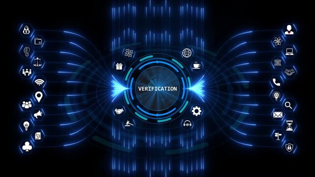 Verification process displayed as a digital authentication interface showing data security validation and system check in a modern online platform