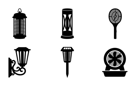 Pest control silhouettes set with bug zapper, lamp, fan and traps for outdoor and indoor use