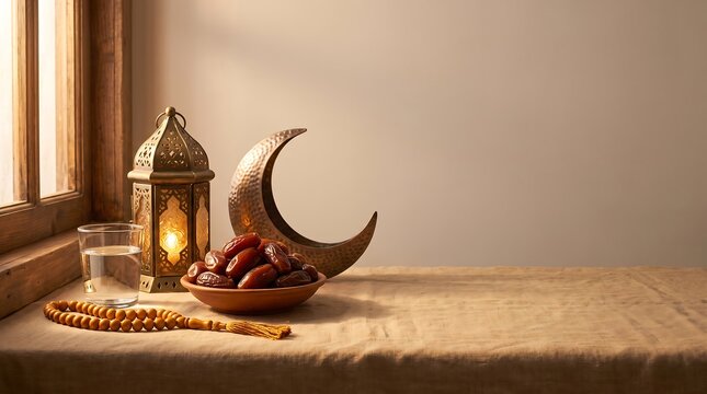 A warm, inviting scene featuring a traditional Ramadan lantern, crescent moon, dates, water, and prayer beads on a textured table by a window.