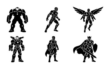 Fototapeta premium Superhero silhouettes set with armored figures, winged hero and knight with sword and shield for comic and gaming logos