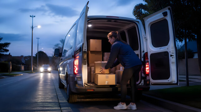 Young female delivery person unloading packages from white van on suburban street at dusk