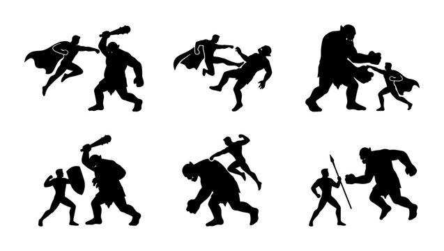 Superhero fighting giant troll silhouettes set with battle poses, fantasy combat for logo or print