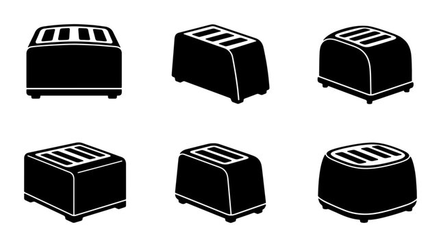 Toaster silhouettes set with different views for kitchen appliance design or logos