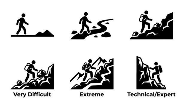 Hiking difficulty signs silhouettes set with walking, climbing and mountaineering for outdoor adventure or sport