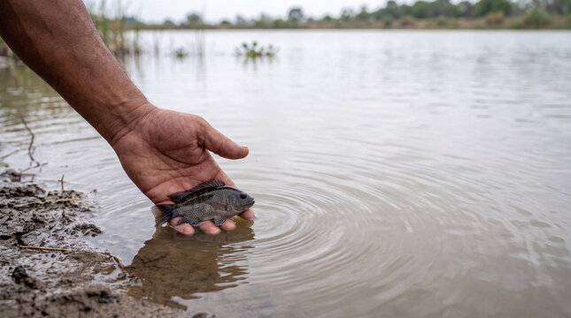 Small tilapia fish being released into water by hand, gentle outdoor catch and release moment at muddy lake shore