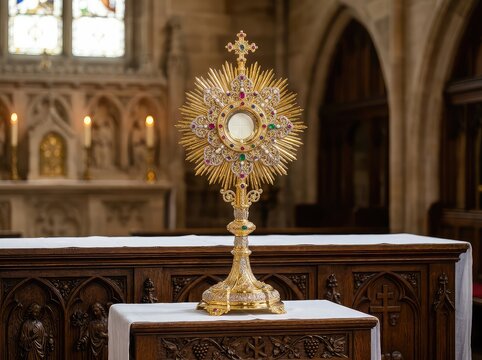 Ornate gold monstrance, intricately decorated with jewels and host, stands prominently on a carved wooden altar within a traditional church, baroque, catholic, tradition