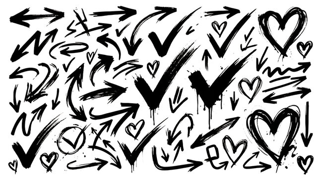 Set of black hand drawn arrows check marks and heart shapes collection