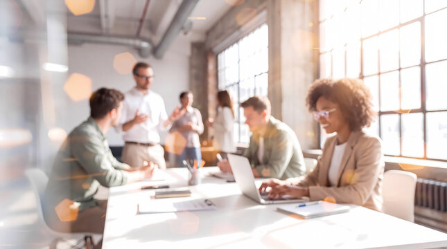 Blurred corporate team meeting in sunlit industrial loft with glowing bokeh flare