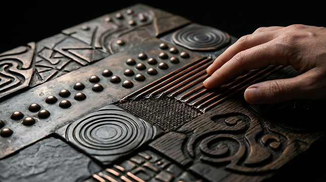Close-up of a human hand touching a textured metal and wood art panel with tactile patterns