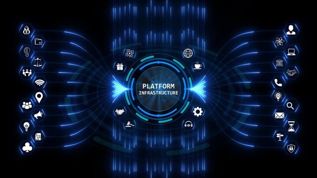 Platform infrastructure digital interface connection display shows modern cloud framework networks linking diverse technical ecosystem system