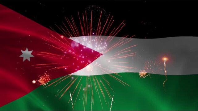 Palestine flag waving with red triangle and tricolor stripes, fireworks bursting behind, seamless loop realistic fabric animation on dark night background wallpaper