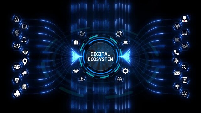 Digital ecosystem network displayed with glowing connection lines and abstract tech infrastructure, highlighting the modern business network