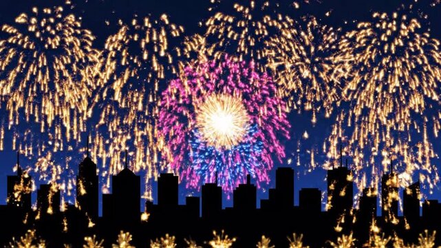 Colorful fireworks display exploding over city skyline silhouette at night.