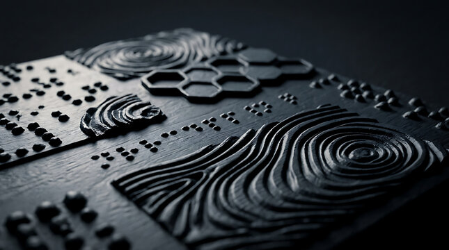 Tactile surface with relief patterns of braille dots and topographic waves on a dark background