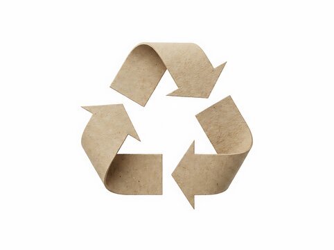 Three dimensional recycle symbol made of textured brown cardboard paper