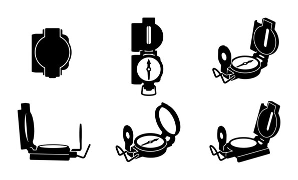 Compass silhouettes set with navigation tools and directional pointers for travel and exploration