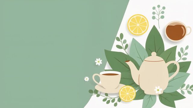 Modern Flat Vector Ceramic Teapot with Teacups and Fresh Tea Leaves