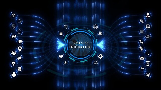 Business automation software interface displays digital transformation workflows for modern corporate process management and office operation systems