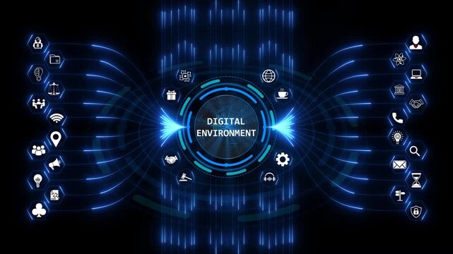 Digital transformation technology interface featuring a virtual ecosystem and a data connection network for business communication and cloud systems.