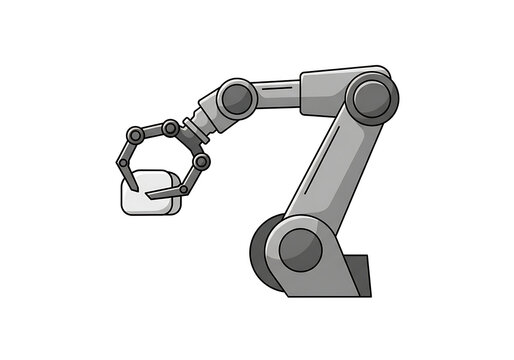 Flat icon of an industrial robotic arm holding a cube, isolated on transparent background.