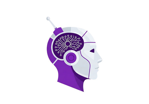 Flat icon of an AI powered robot head with circuit brain, isolated on transparent background.