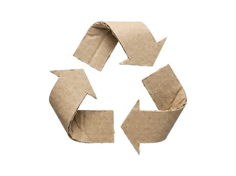 Recycle symbol made of folded brown cardboard on white background