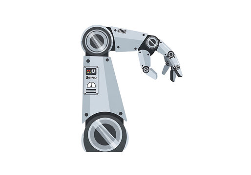 Flat icon of a humanoid robot arm with servo motor, isolated on transparent background.