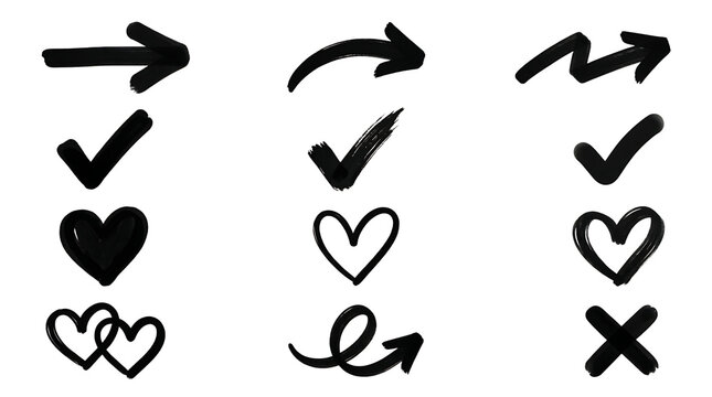 Set of hand drawn arrows check marks and heart symbols in black ink sketch style