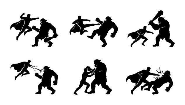 Superhero fighting giant troll silhouettes set with battle scenes, fantasy combat and action