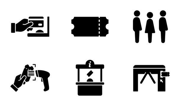 Event entry icons for ticket purchase and scanning silhouette