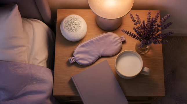 Serene bedside setup soft lit lamp lavender plant sleep mask open book cup milk wooden nightstand bedroom