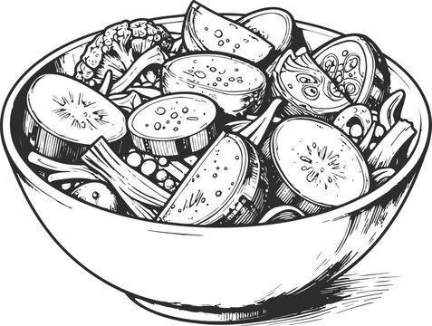 Fresh vegetable salad bowl with sliced cucumbers, tomatoes, lettuce, and bell peppers in black and white sketch